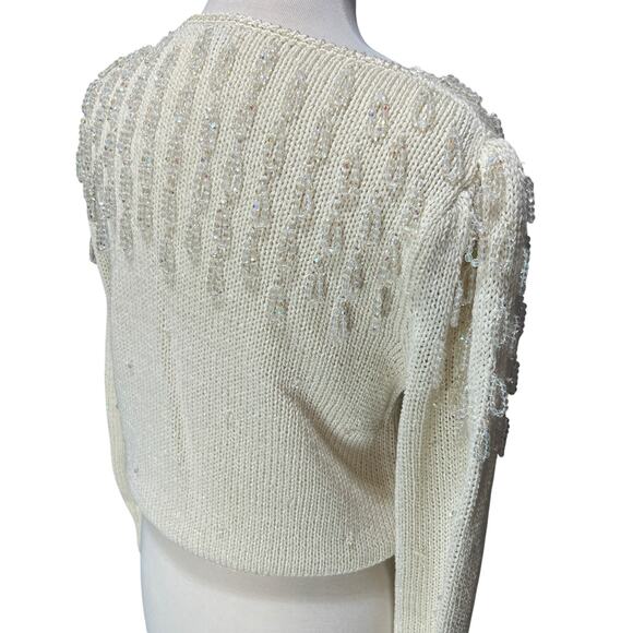 VTG 80s Glam Beaded Hand Knit Sweater Sz L Angora Wool Fringe Puff Sleeve Party - Picture 6 of 13